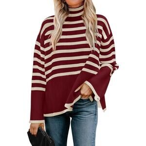 Striped Mock Neck Sweater NEW Womens XL Maroon White Side Slit Casual  Oversized